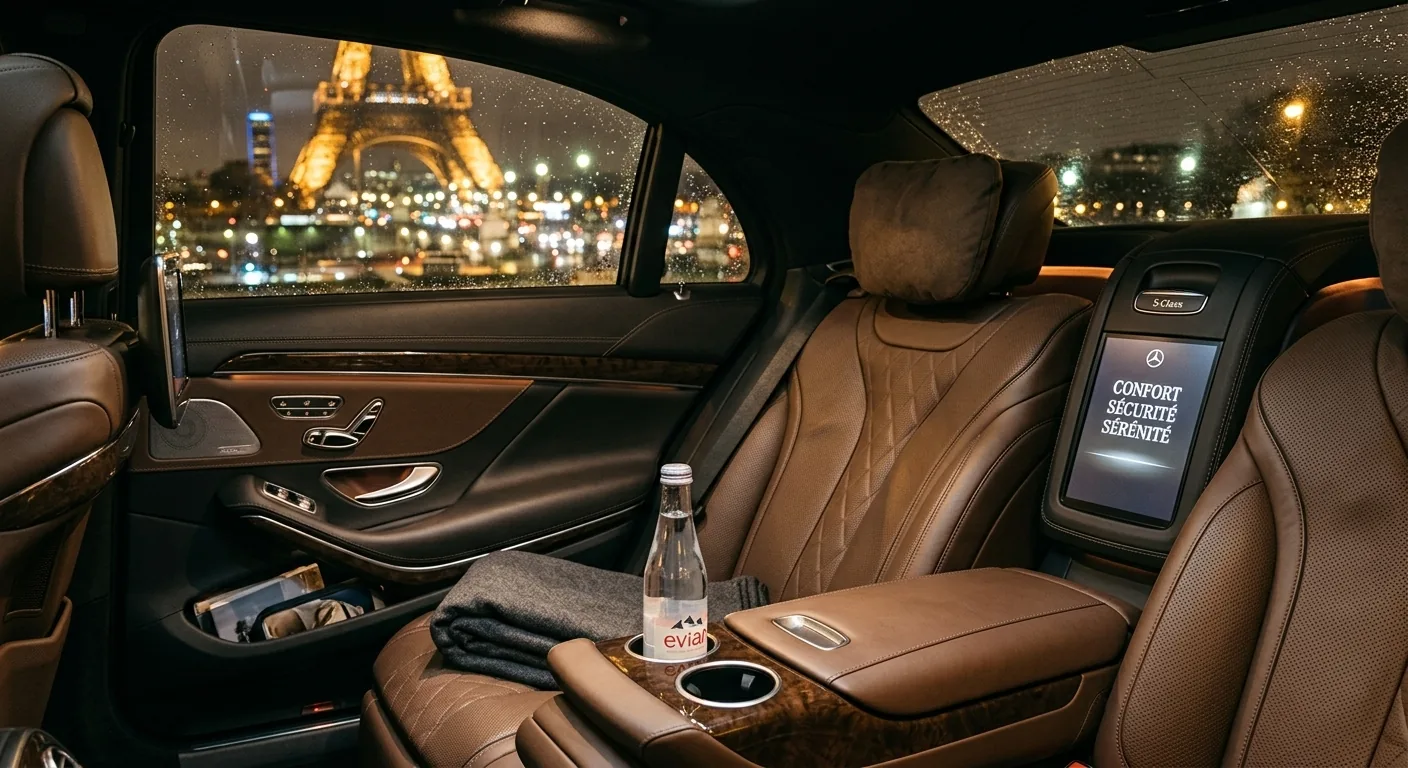 Banquette arrière d’une berline de luxe, avec vue nocturne sur Paris
