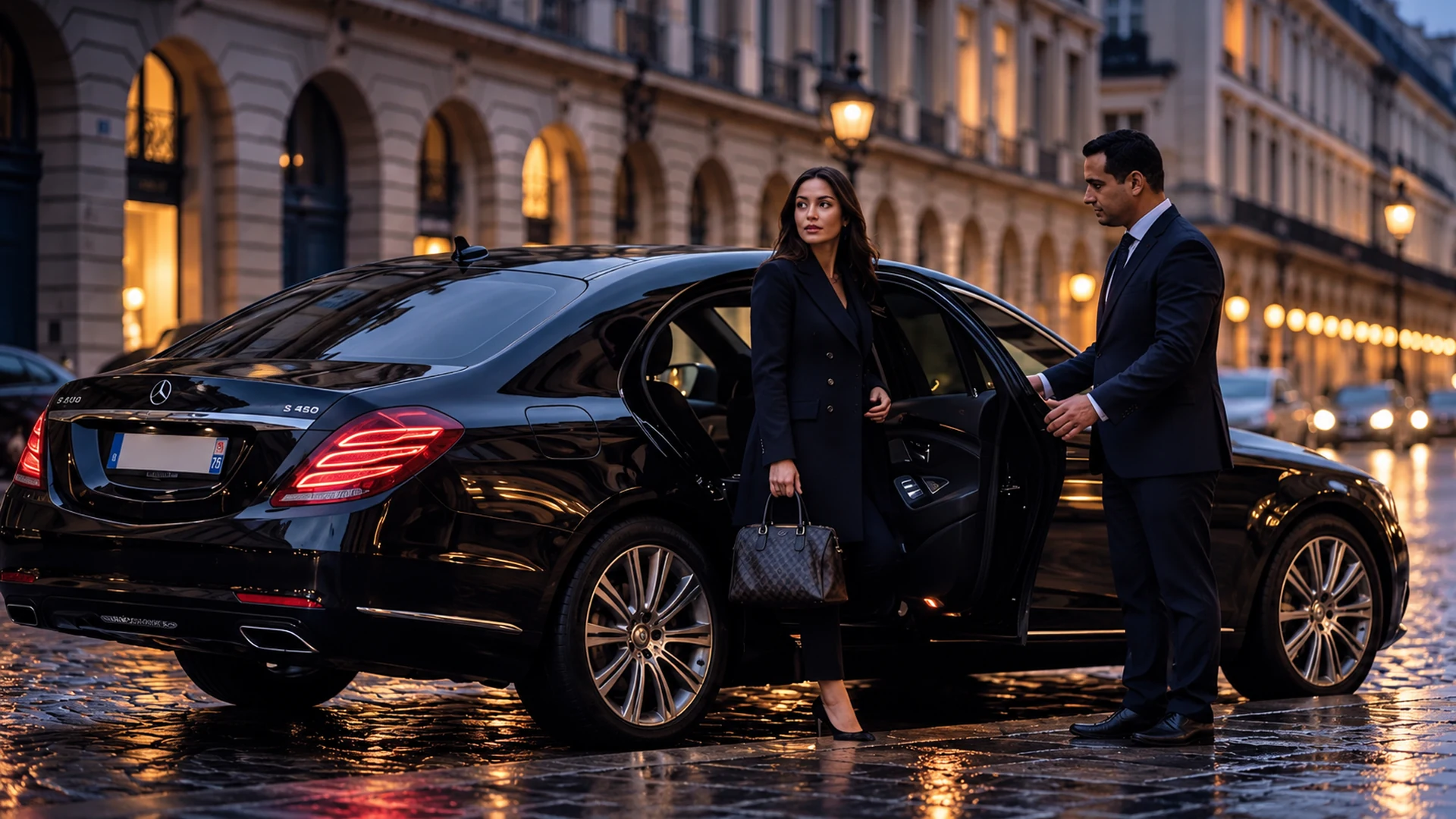Chauffeur MOUVEO ouvrant la portière d’une berline à Paris