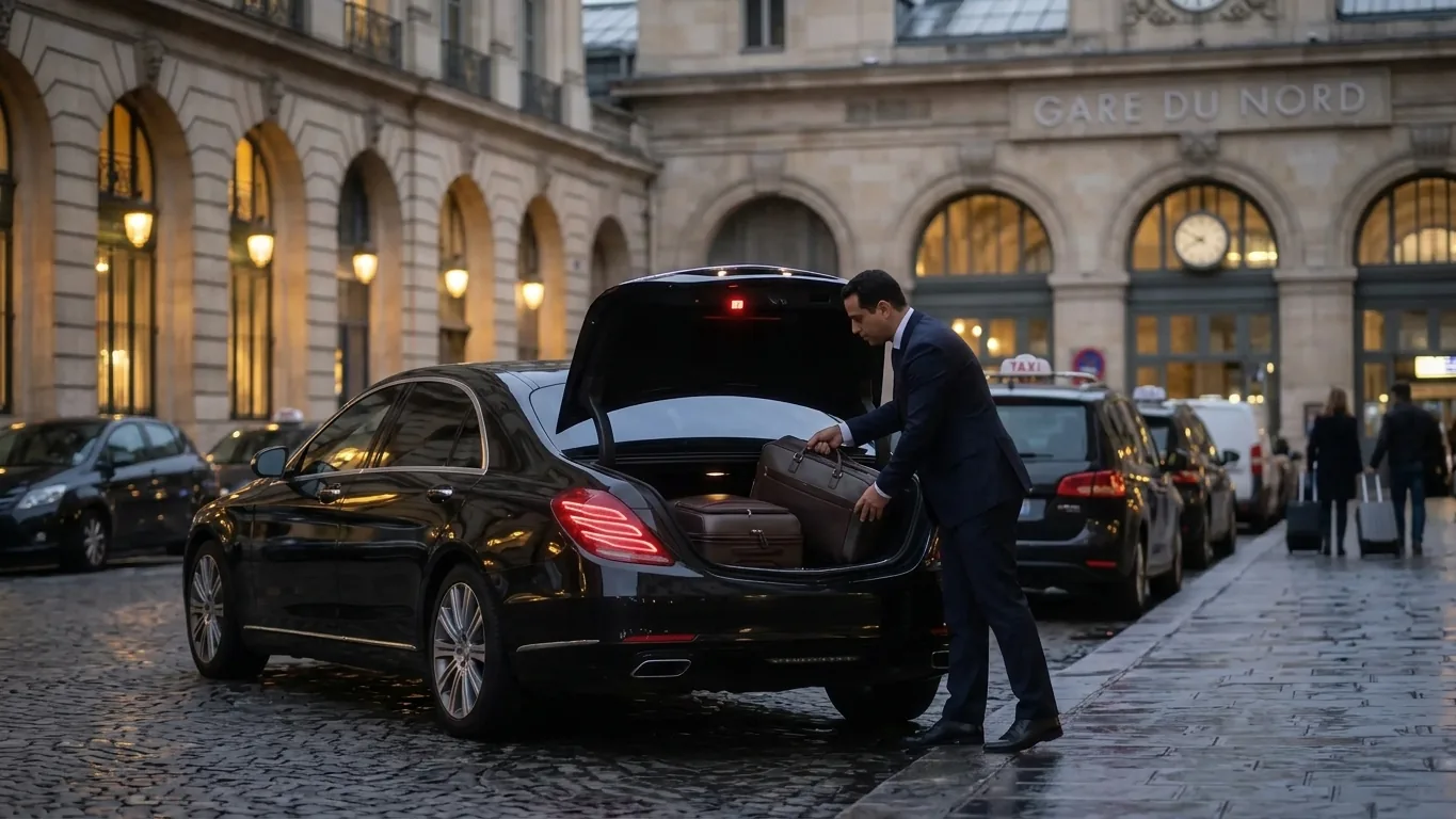Chauffeur MOUVEO chargeant des valises dans le coffre d’une berline devant une gare parisienne